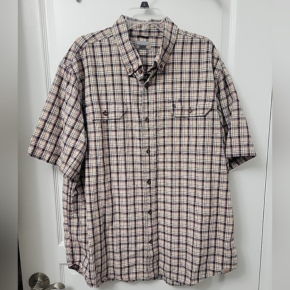 Carhartt Relaxed Fit Short Sleeve Plaid Shirt Tan Embroidered Logo Men 2XL EUC